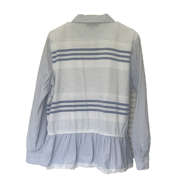 DKNY Donna Karan Striped Blouse sz L Ruffle Hem Pointed Collar Long Sleeve Work - Picture 3 of 9